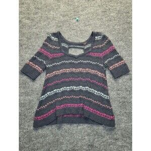 Free People Sweater Womens Small Gray Pink Fair Isle Short Sleeve Open Knit Top